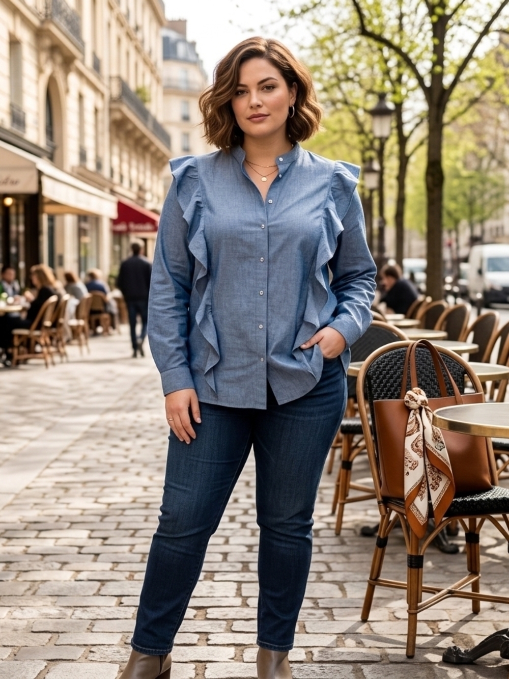 Mud Pie Blue Chambray Top with Gold Logo Stitching